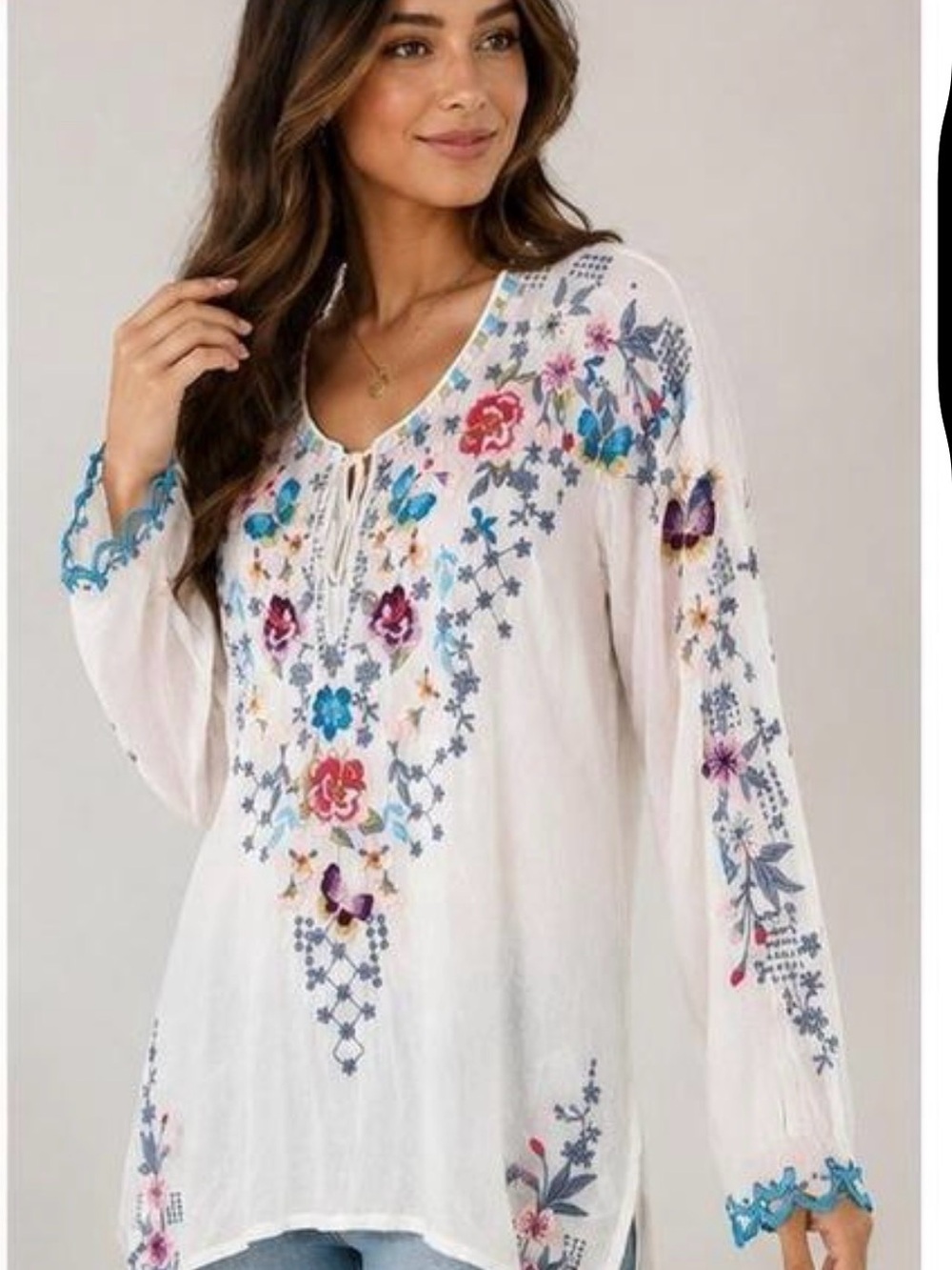 Johnny Was Butterfly Winter Embroidered Blouse White Boho Tunic size L - Picture 2 of 12